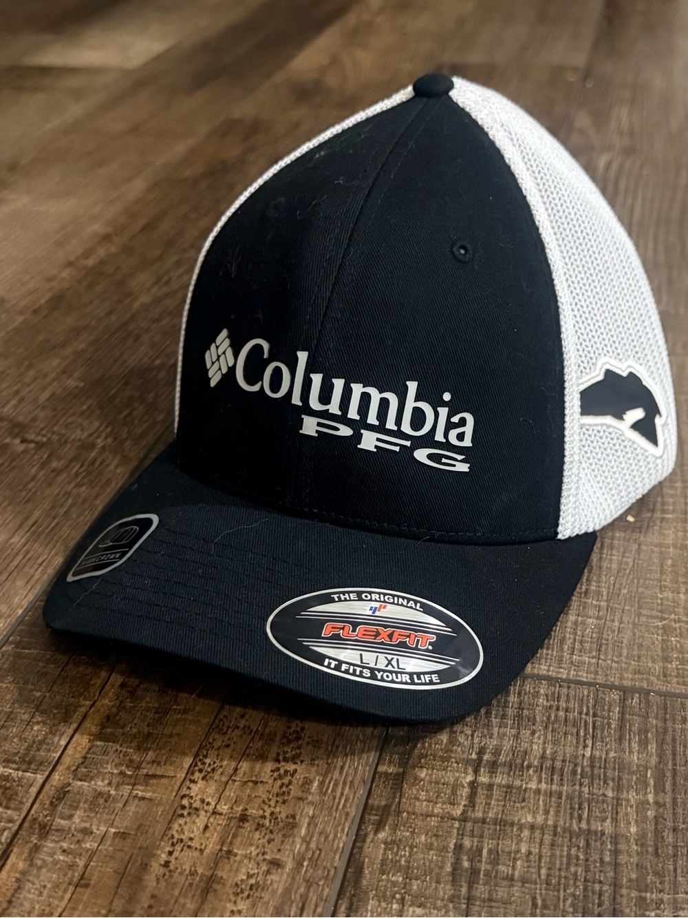 Columbia Black and White Mesh PFG Flexfit Trucker Cap
